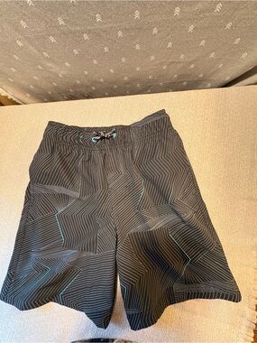 Boys 10-12 Athletic Works  Black Geometric Swim Trunks with Teal Accents w mesh